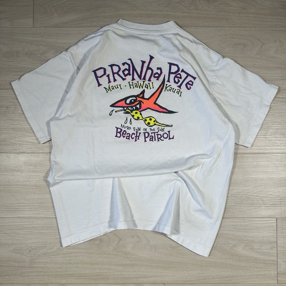 Vintage 90s Surf Tee Men's L Large White Shirt Hawaii Piranha Pete Beach Patrol